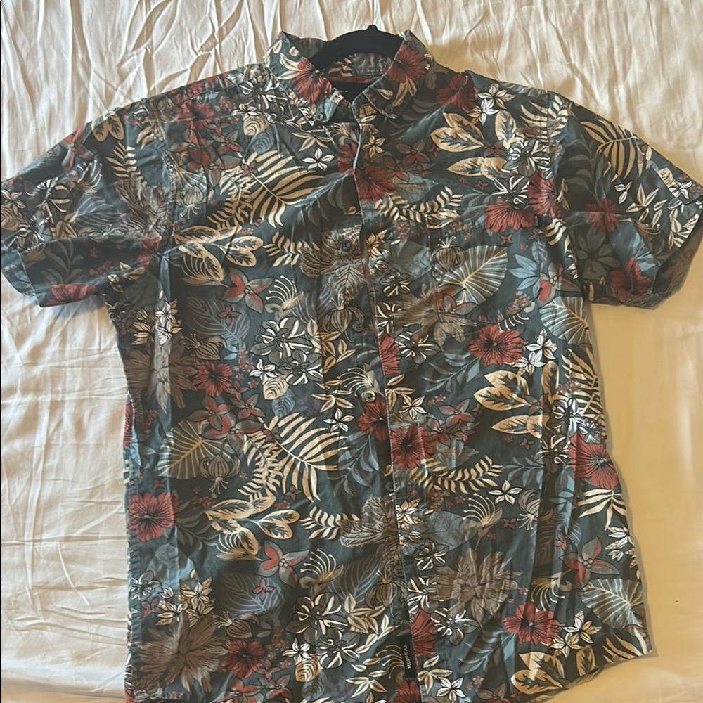 Vibrant Green and Red Casual Button Down Shirt with Tropical Flair